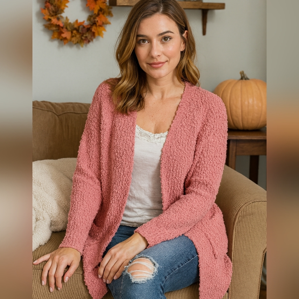 Maurices Chunky Popcorn Open Front Cardigan Pink Rose Tunic Length